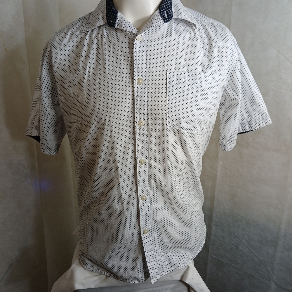 Campia White Black Short Sleeve Diamond Dot Shirt Mens Size Small